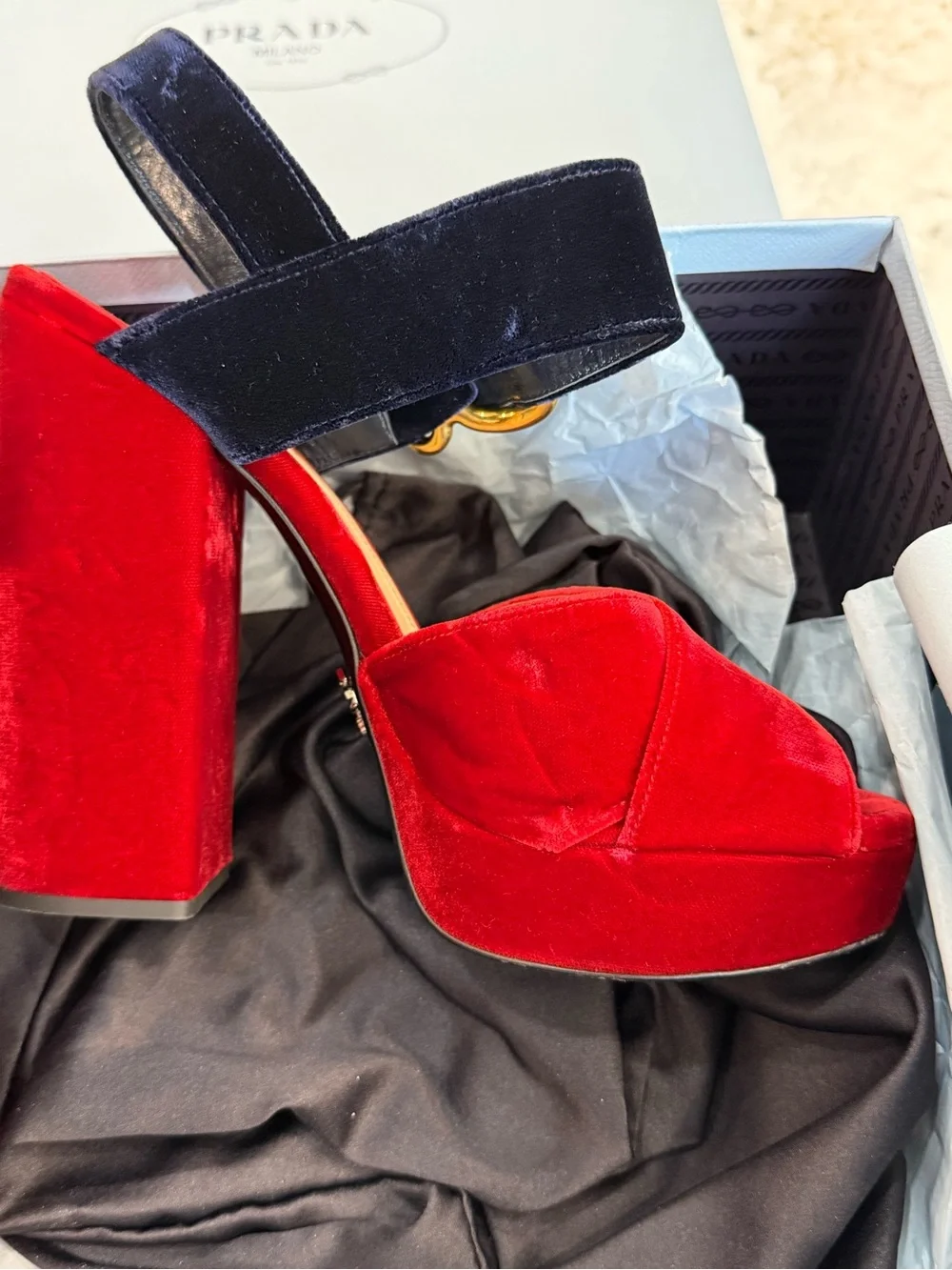 Prada Red Velvet Platform Sandal with Navy Ankle Strap - Picture 1 of 11